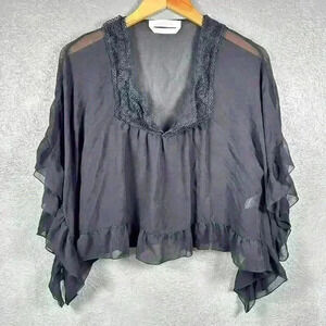 SEE BY CHLOE Silk Cropped Sheer Lace Ruffle Black Blouse Shawl Women Small 36